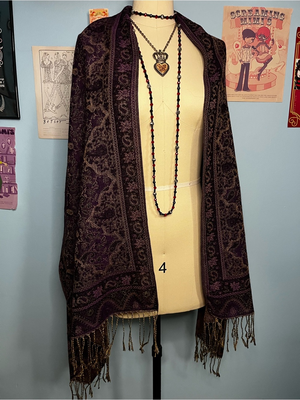Purple Gold Paisley Fringe Whimsigoth Shawl Scarf Wrap